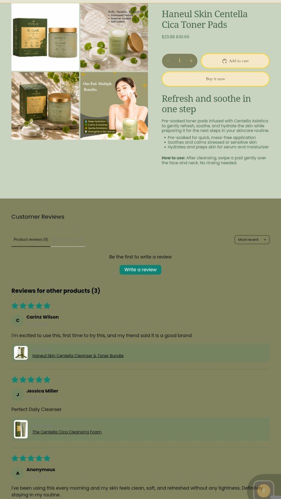 Live Shopify listing, Centella Toner Pad