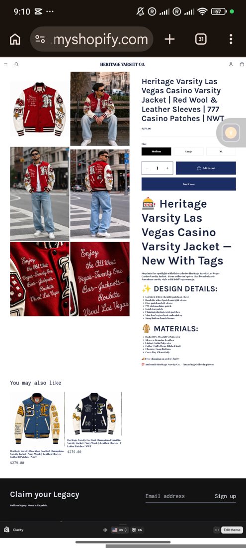 Live Shopify listing, Vegas Casino jacket