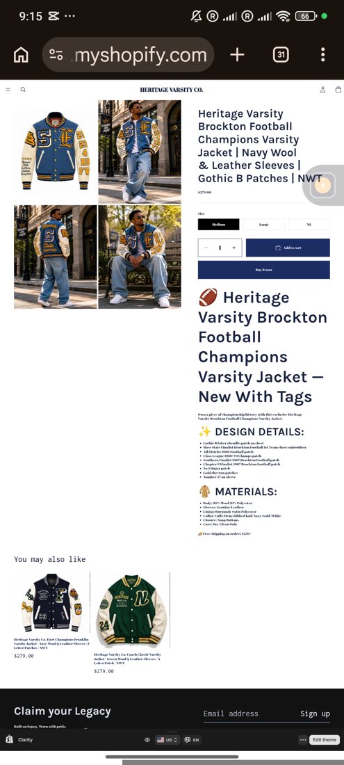 Live Shopify listing, Brockton jacket